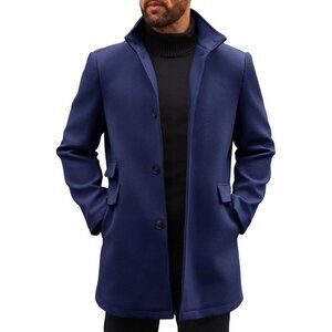 Men's Navy Pea Coats Single Breasted Stand Collar Casual Slim Fit Trench